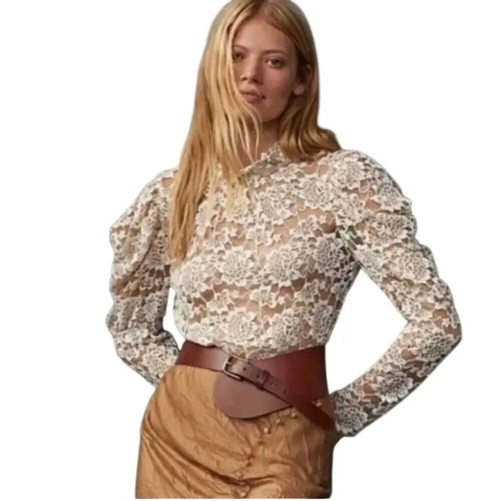 Dolan Lace Blouse White Floral Ruffle Neck Puff Sleeve Top Womens Petite M